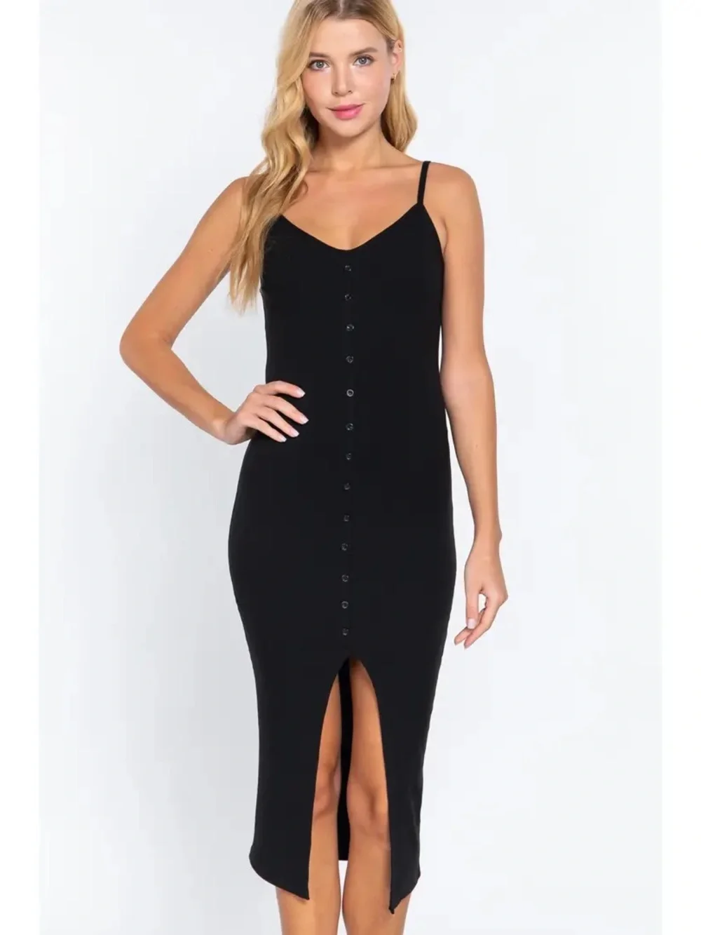 Active USA Black Button-Front Midi Dress with Front Slit - Picture 1 of 3